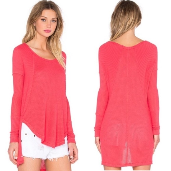Free People Ventura Waffle Knit Thermal Tunic Top Poppy Pink Red - Picture 1 of 12